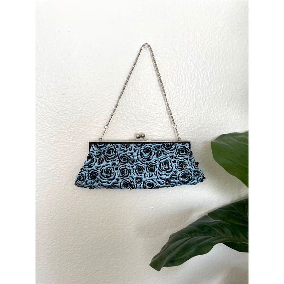 Small Black and Blue Floral Beaded Clutch Handbag - Picture 1 of 6